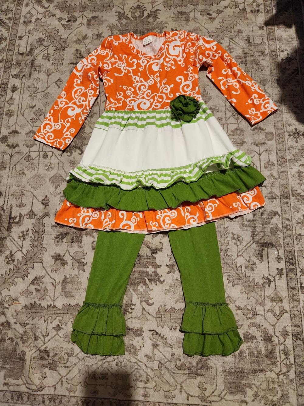 Kids Orange and Green Ruffle Dress Set